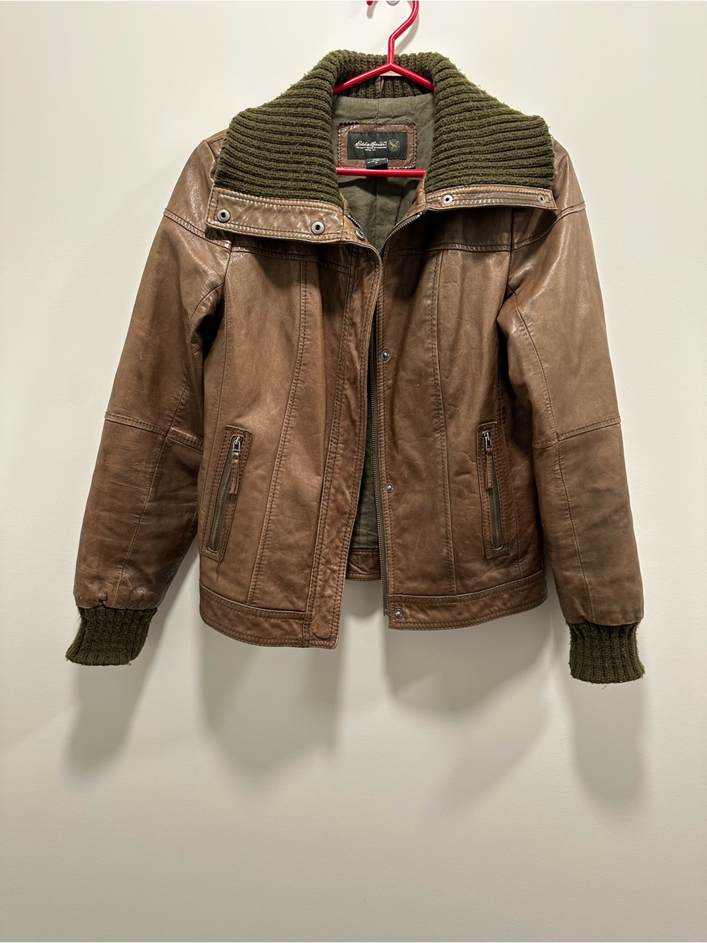 Eddie Bauer Brown Leather Jacket with Olive Knit Collar & Cuffs